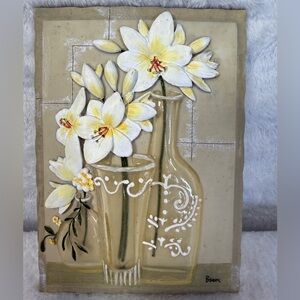Vintage Resin 3D Boem Tile White Flowers In Clear Vases Decorative Wall Plaque